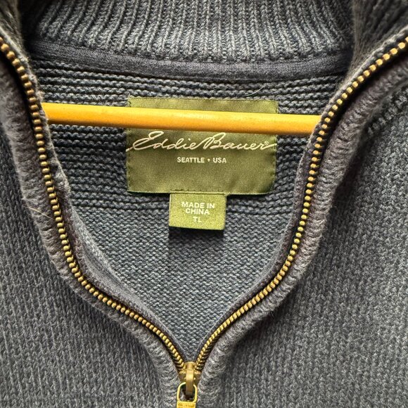 Eddie Bauer Seattle Sweater Mens TL Navy Blue Knit Cotton Mock Neck Quarter-Zip - Picture 3 of 12